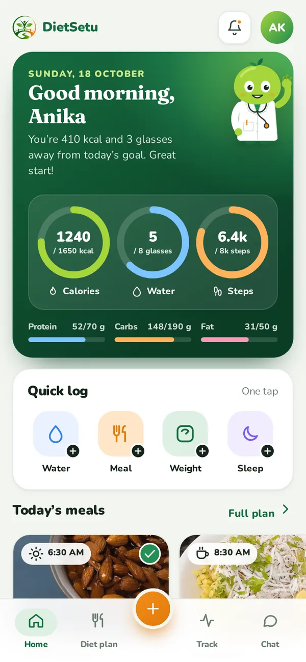 DietSetu app home screen with today’s calories, water and steps (sample data)